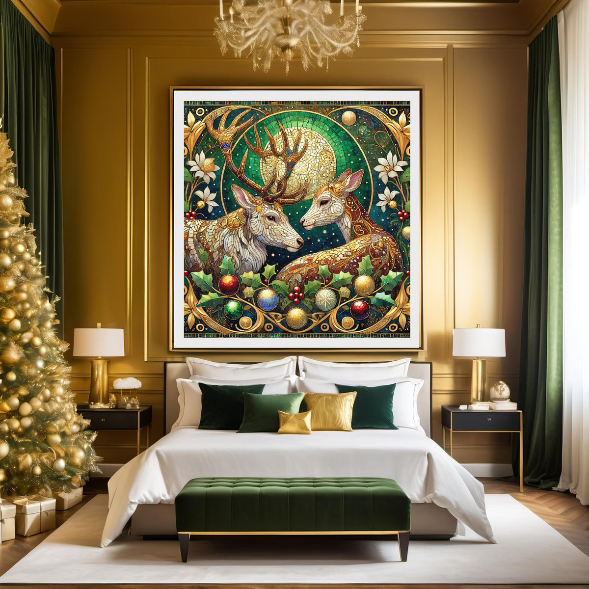 Gilded Winter Deer Couple: Romantic Vintage Fantasy Oil Painting Style Wall Art (Digital Download)