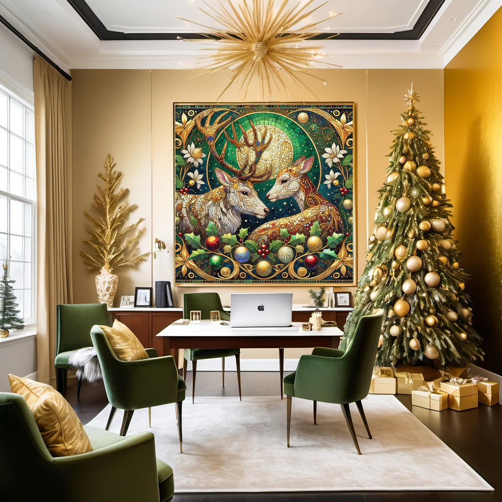 Gilded Winter Deer Couple: Romantic Vintage Fantasy Oil Painting Style Wall Art (Digital Download)