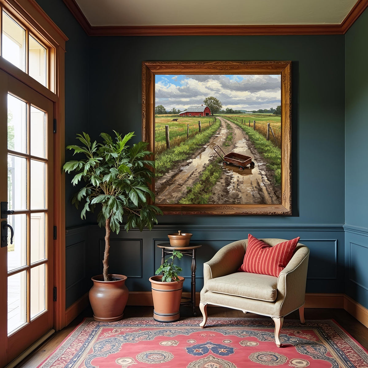Rustic Barn Art Print: Farm Landscape Painting After Rain (Digital Download)