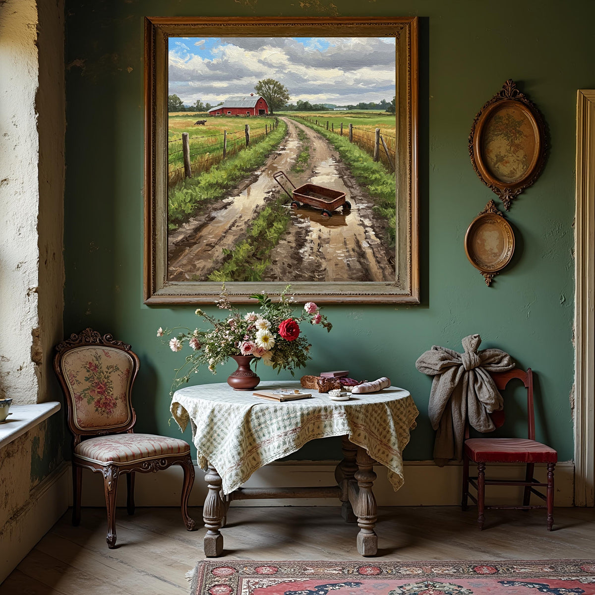 Rustic Barn Art Print: Farm Landscape Painting After Rain (Digital Download)