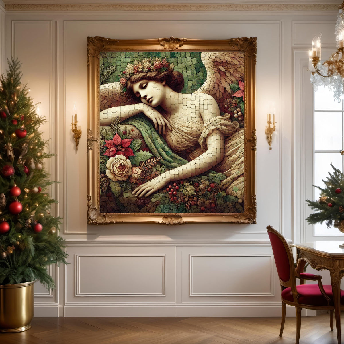 Tranquil Angel Mosaic Print: Old World Winter Angel Wall Art Digital Download