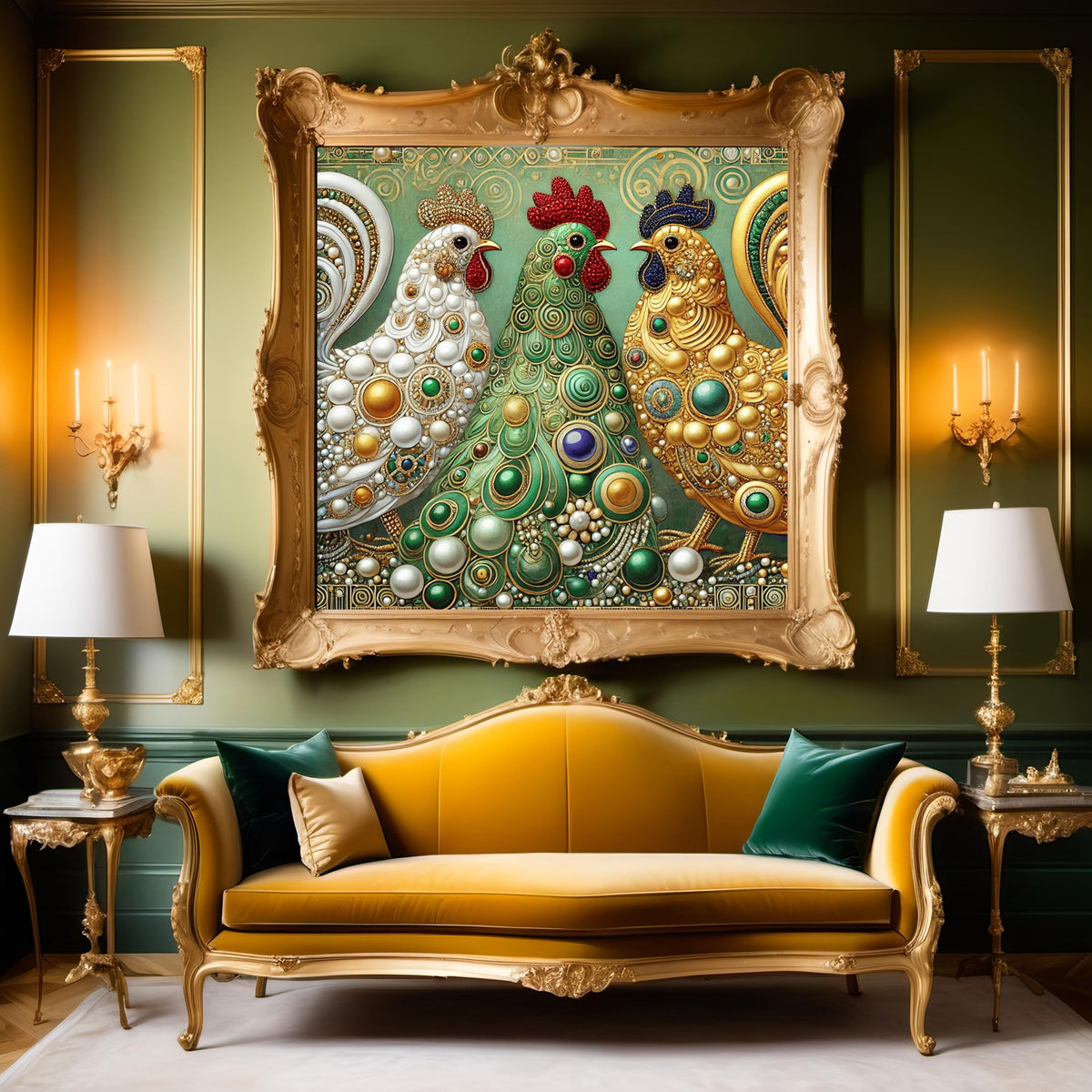 Three French Hens Art Print: Vintage Christmas Art Nouveau (Digital Download)