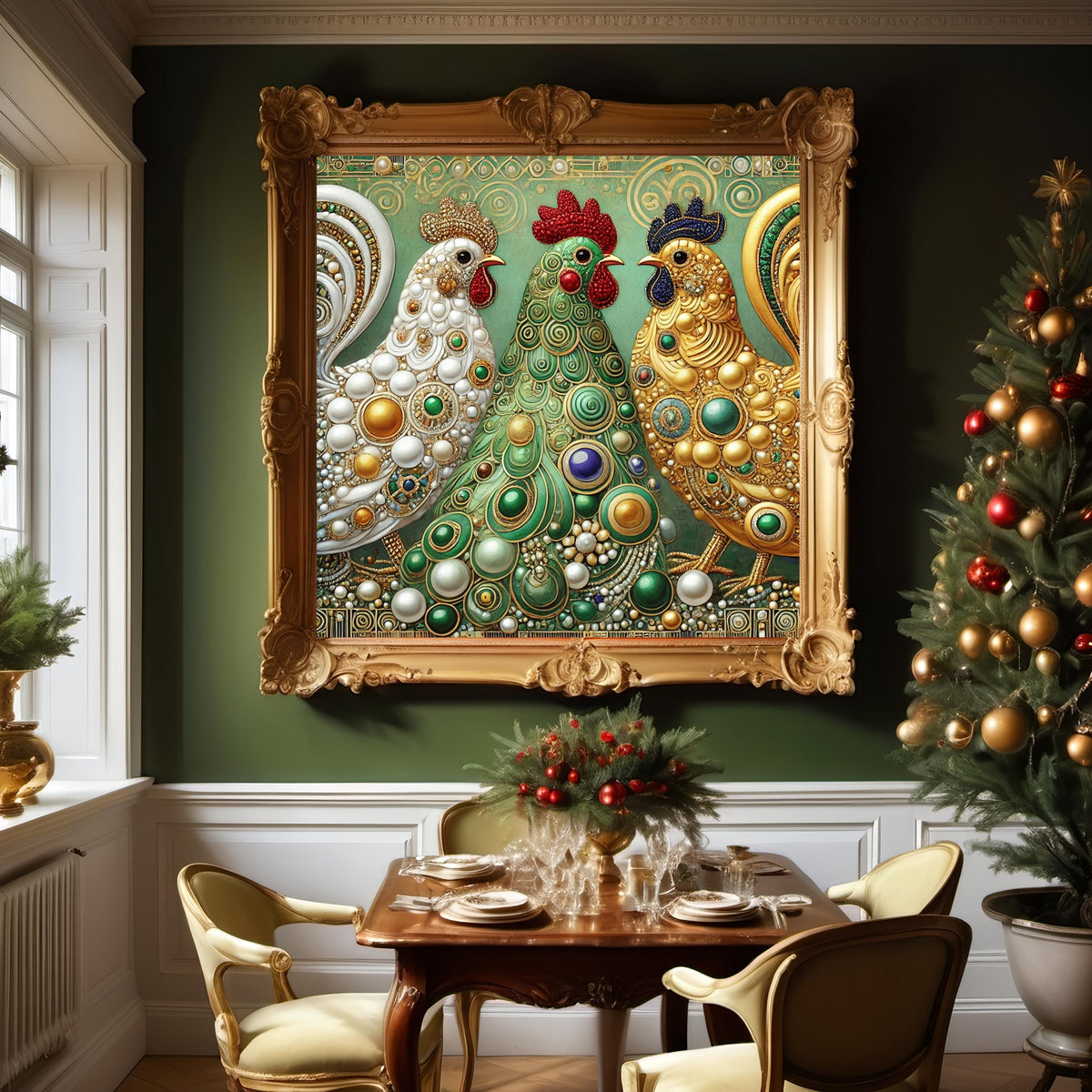 Three French Hens Art Print: Vintage Christmas Art Nouveau (Digital Download)