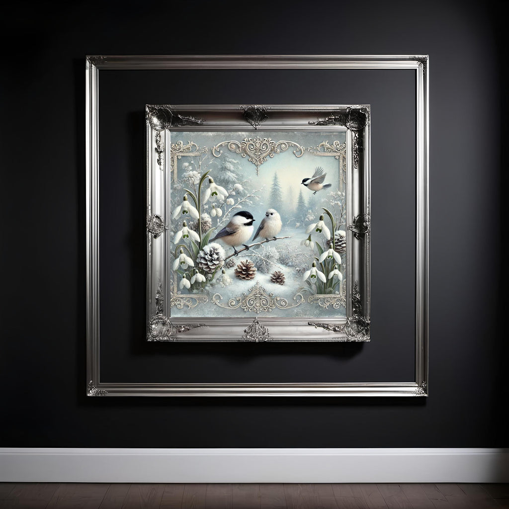 Victorian Winter Chickadee Birds with Snowdrops Digital Art Oil Painting (Instant Download)