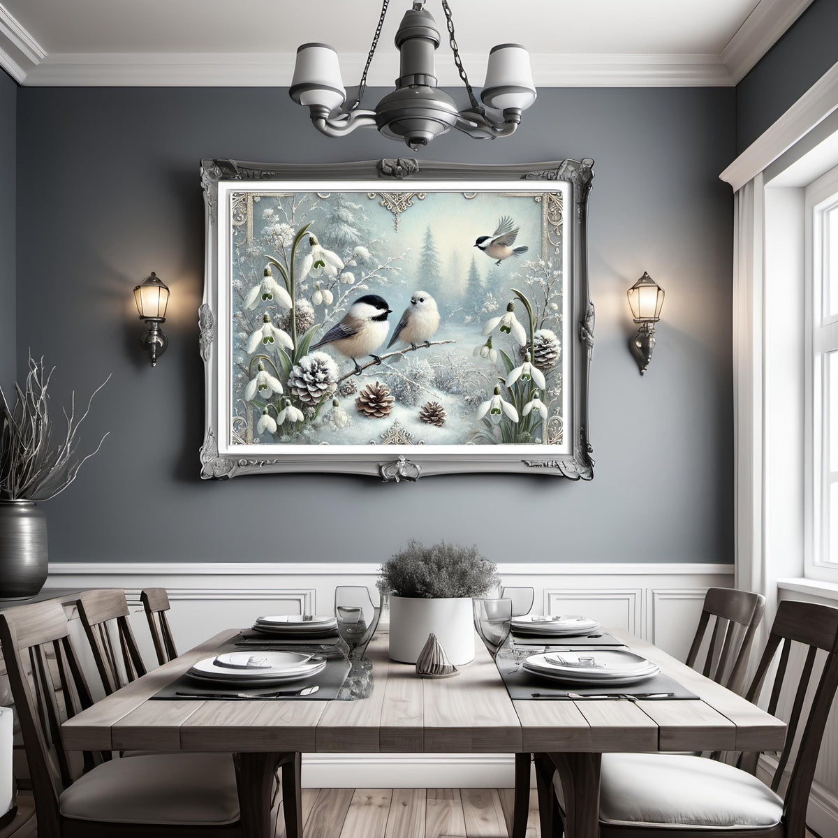 Victorian Winter Chickadee Birds with Snowdrops Digital Art Oil Painting (Instant Download)