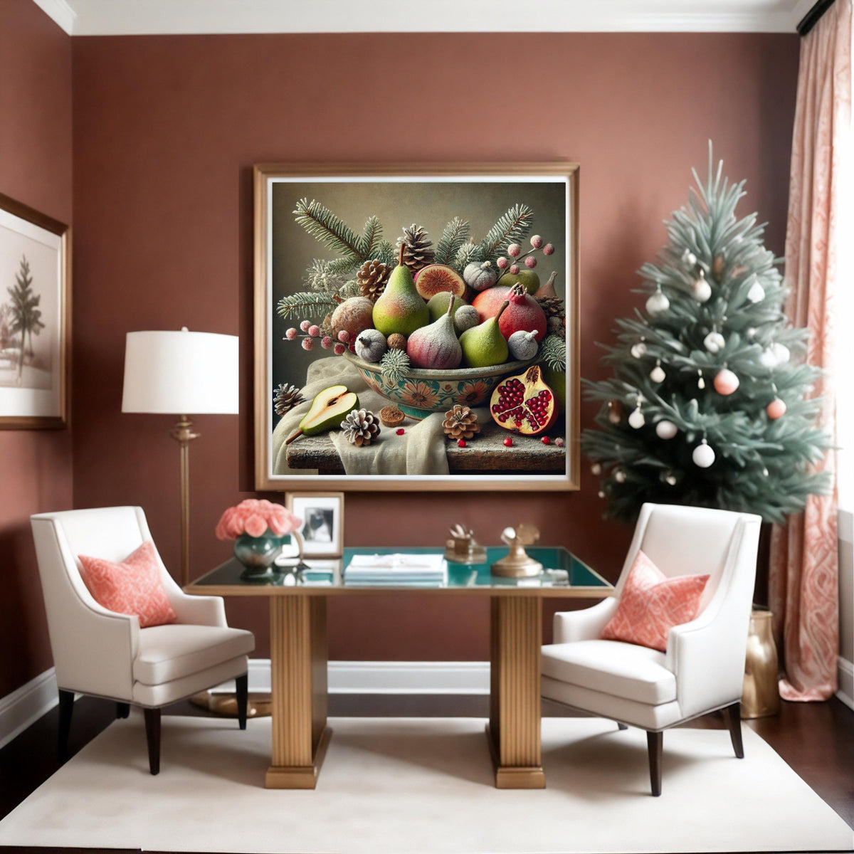 Winter Fruit Still Life Oil Painting Frosted Pears Figs Pomegranates Vintage Decor Elegant Kitchen Wall Art Digital Art