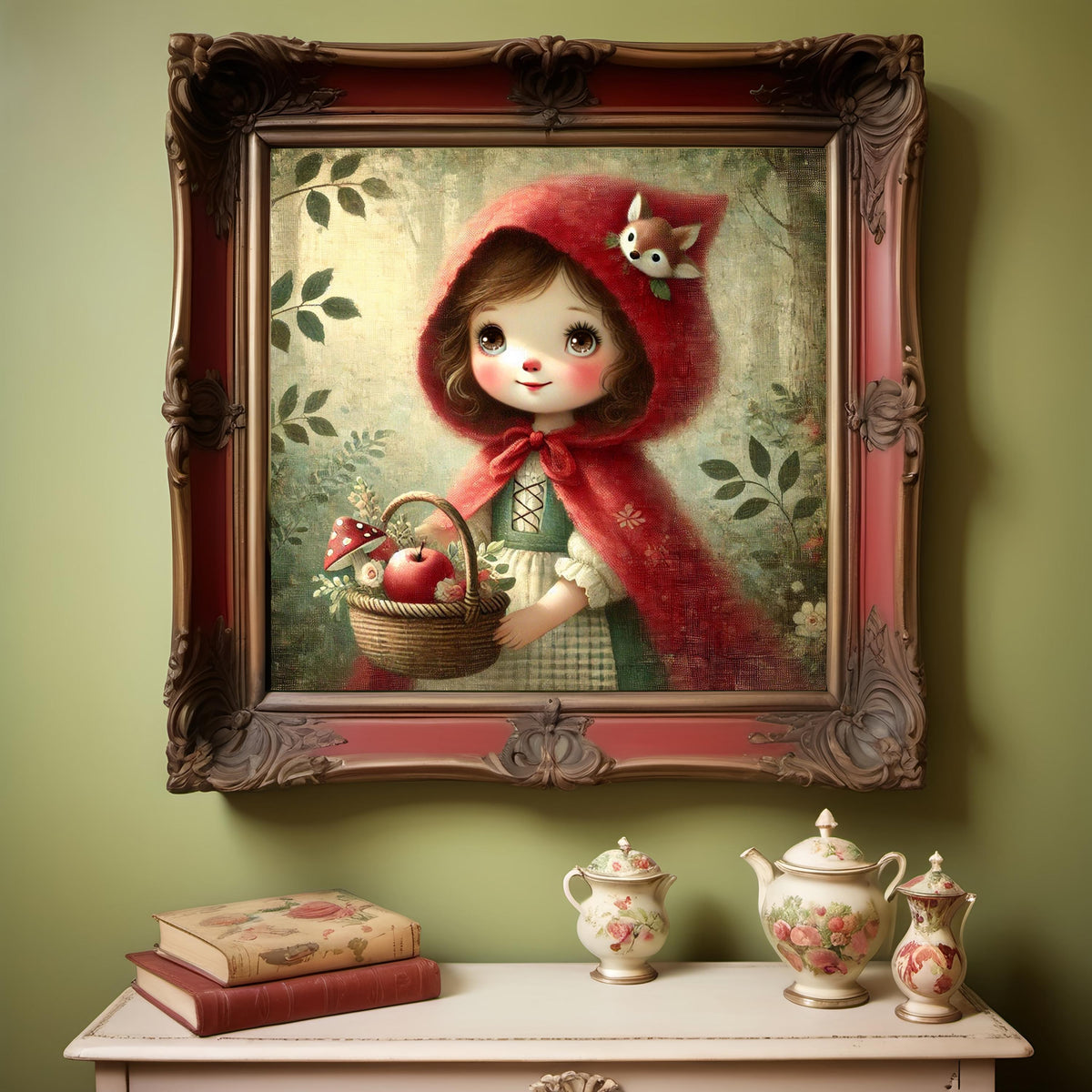 Little Red Riding Hood Forest Companion Vintage Storybook Oil Painting Fairytale Nursery Art Print (Digital Download)