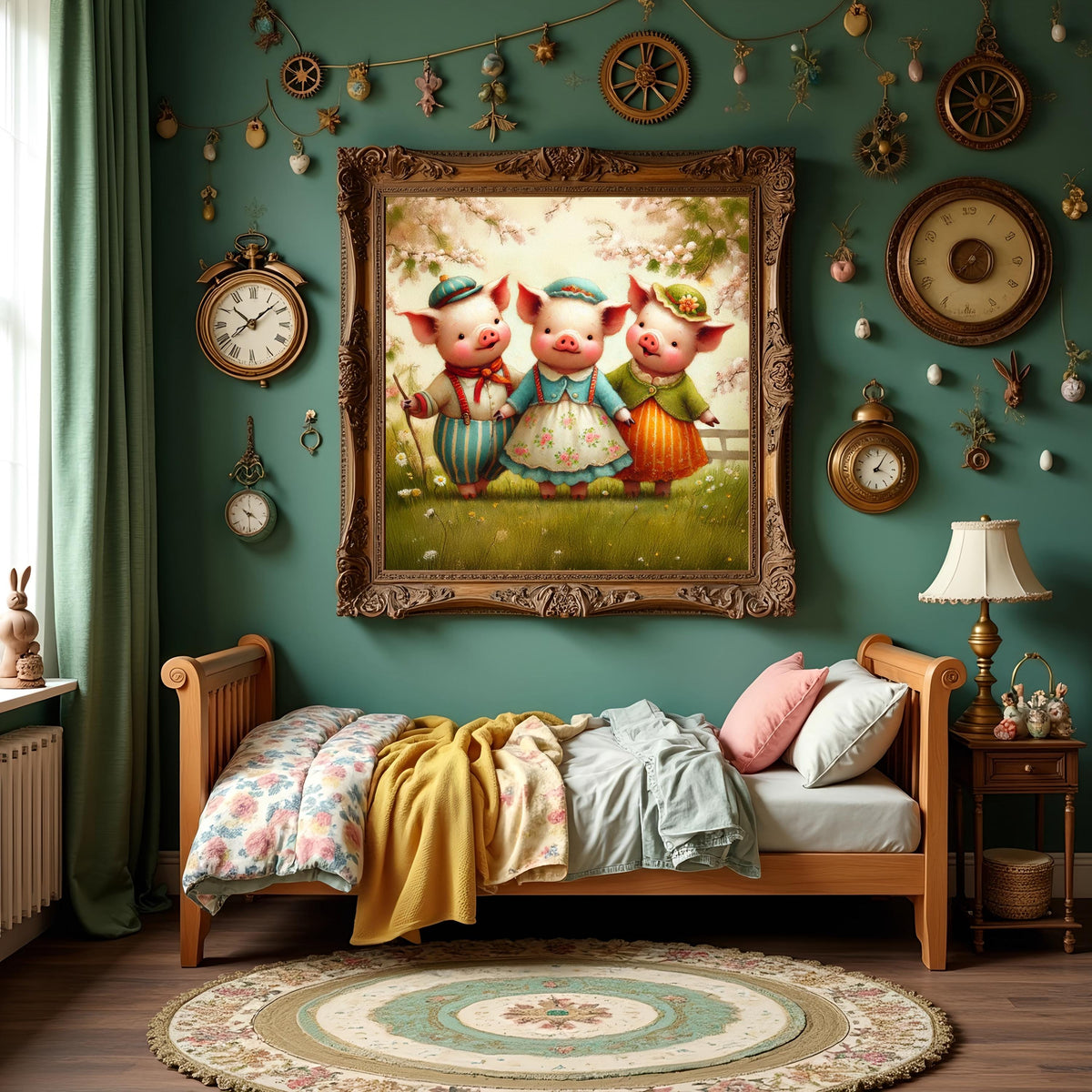 Three Little Pigs Vintage Storybook Oil Painting Nursery Art Whimsical Fairytale Animal  Digital Download