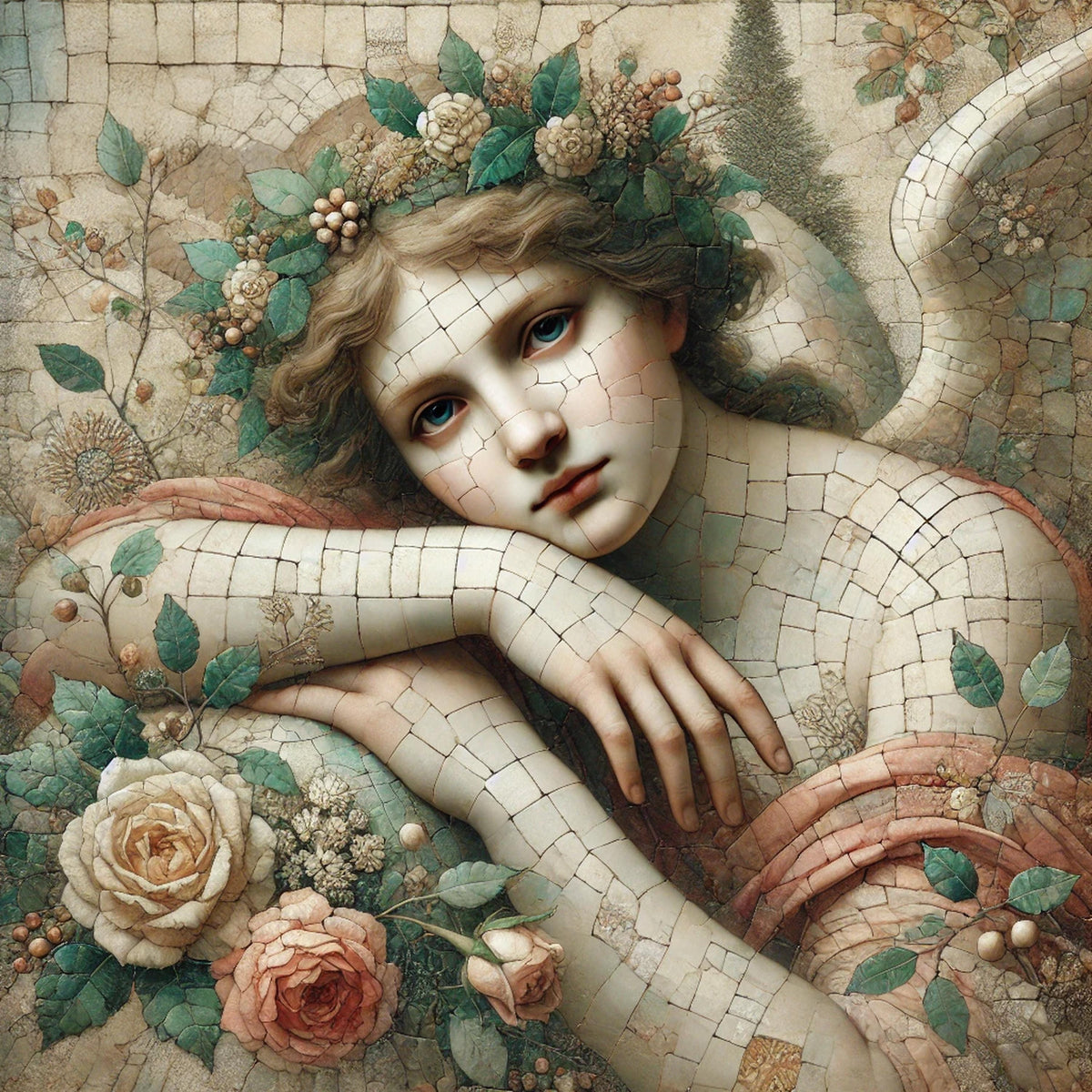 Ethereal Angel Mosaic Portrait Oil Painting Vintage Spiritual Art Floral Angel Wall Art Timeless Decor Digital Art