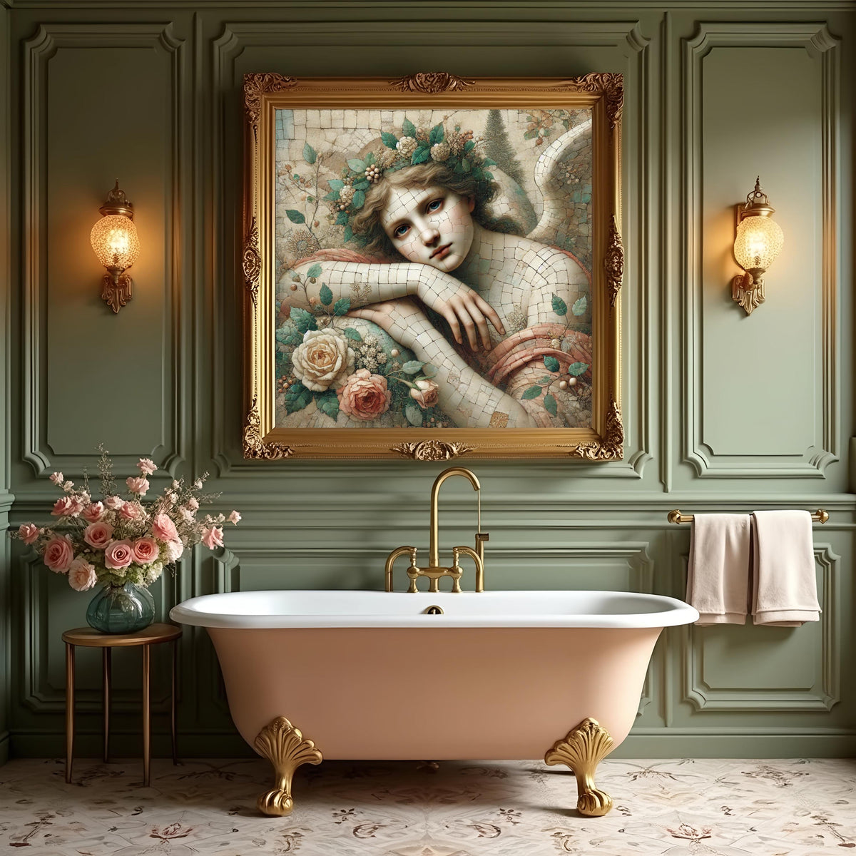 Ethereal Angel Mosaic Portrait Oil Painting Vintage Spiritual Art Floral Angel Wall Art Timeless Decor Digital Art
