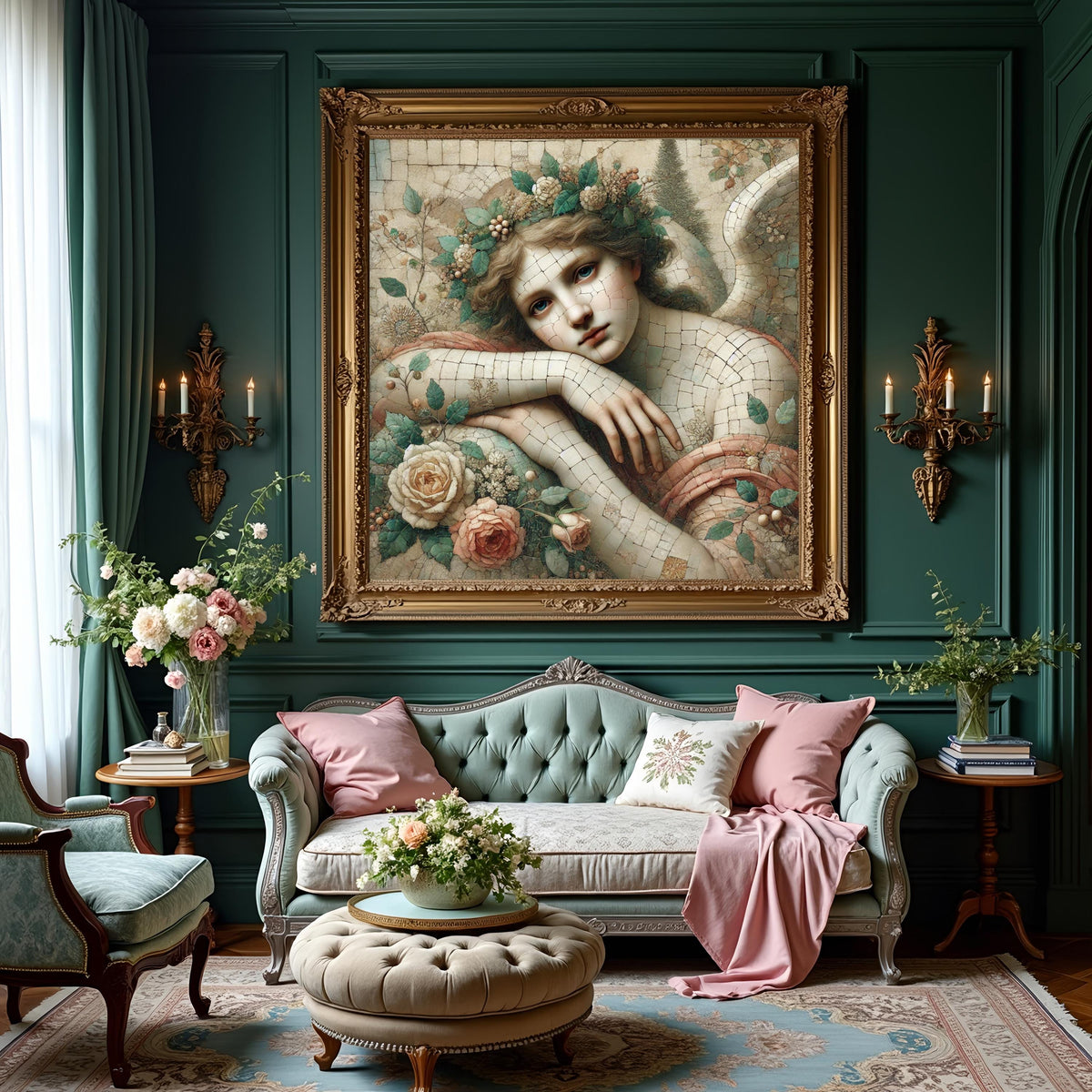 Ethereal Angel Mosaic Portrait Oil Painting Vintage Spiritual Art Floral Angel Wall Art Timeless Decor Digital Art