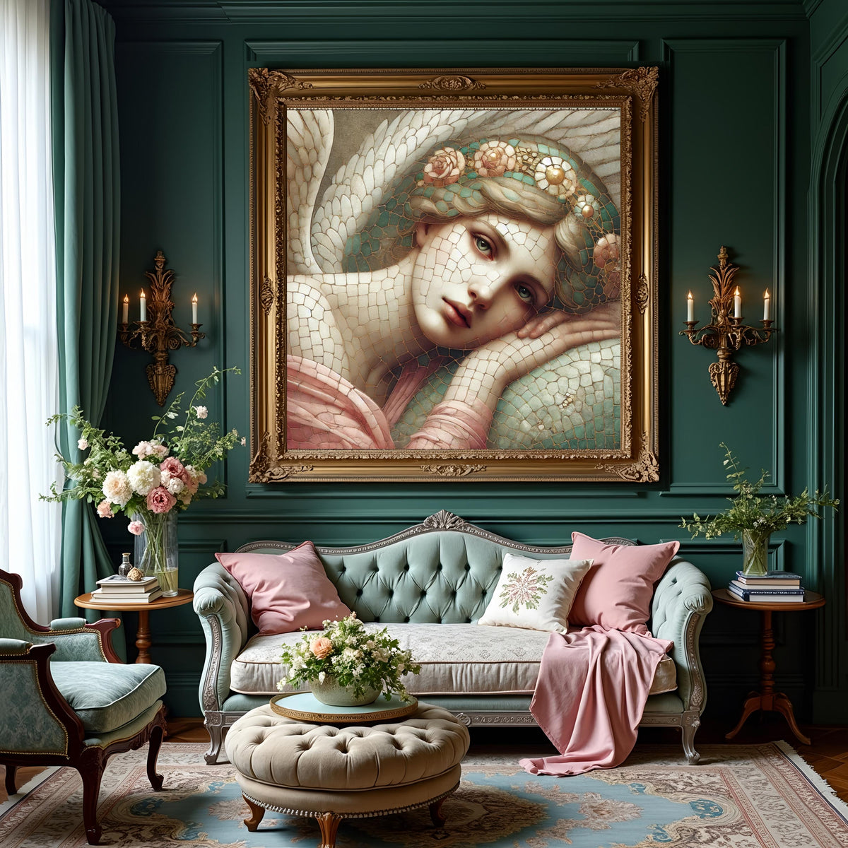 Resting Angel Grace: Vintage Mosaic Angel Portrait Oil Painting Wall Art Serene Floral Angel Decor