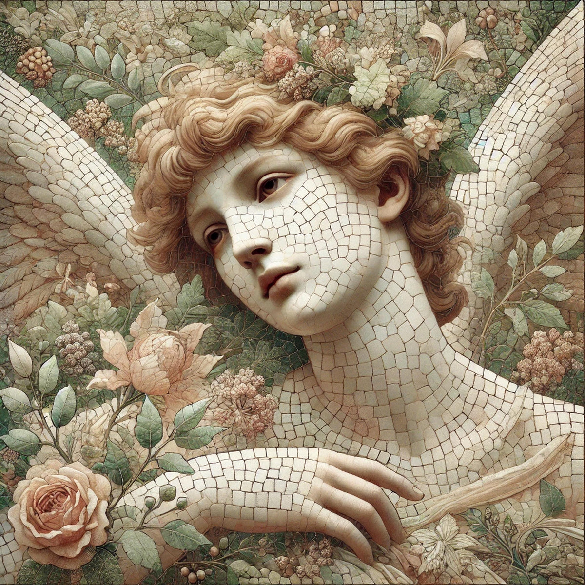Heavenly Angel Reverie: Vintage Mosaic Angel Portrait Oil Painting Wall Art Romantic Floral Angel Decor