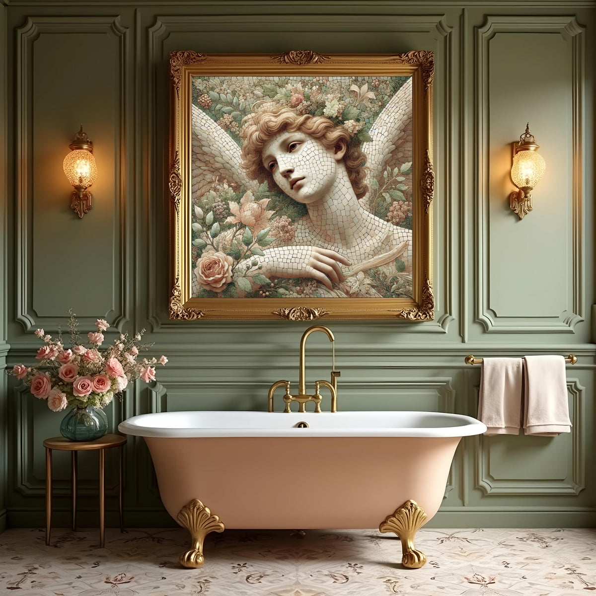 Heavenly Angel Reverie: Vintage Mosaic Angel Portrait Oil Painting Wall Art Romantic Floral Angel Decor
