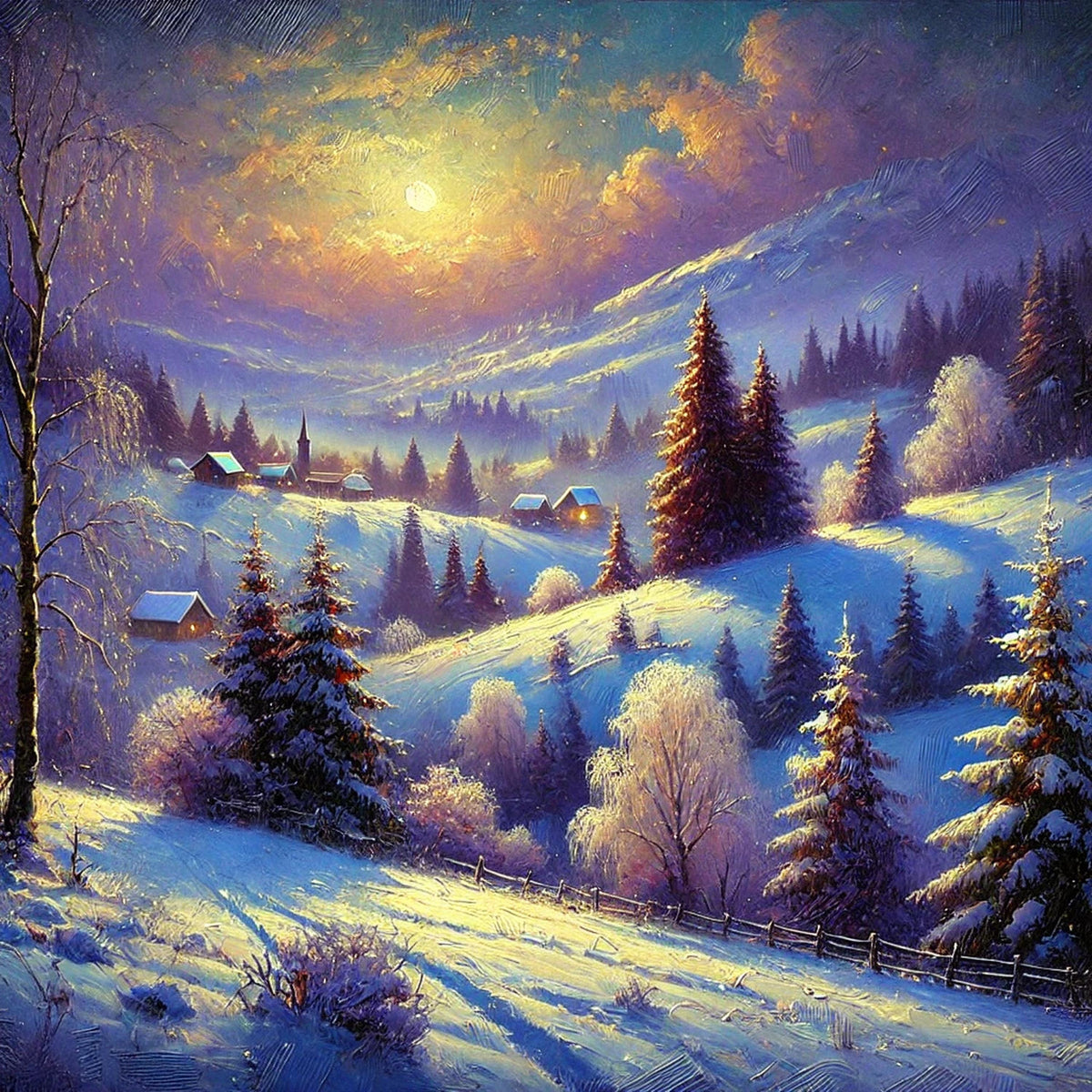 Moonlit Winter Hillside: Romantic Impressionist Snow Landscape Oil Painting Wall Art Serene Winter Decor