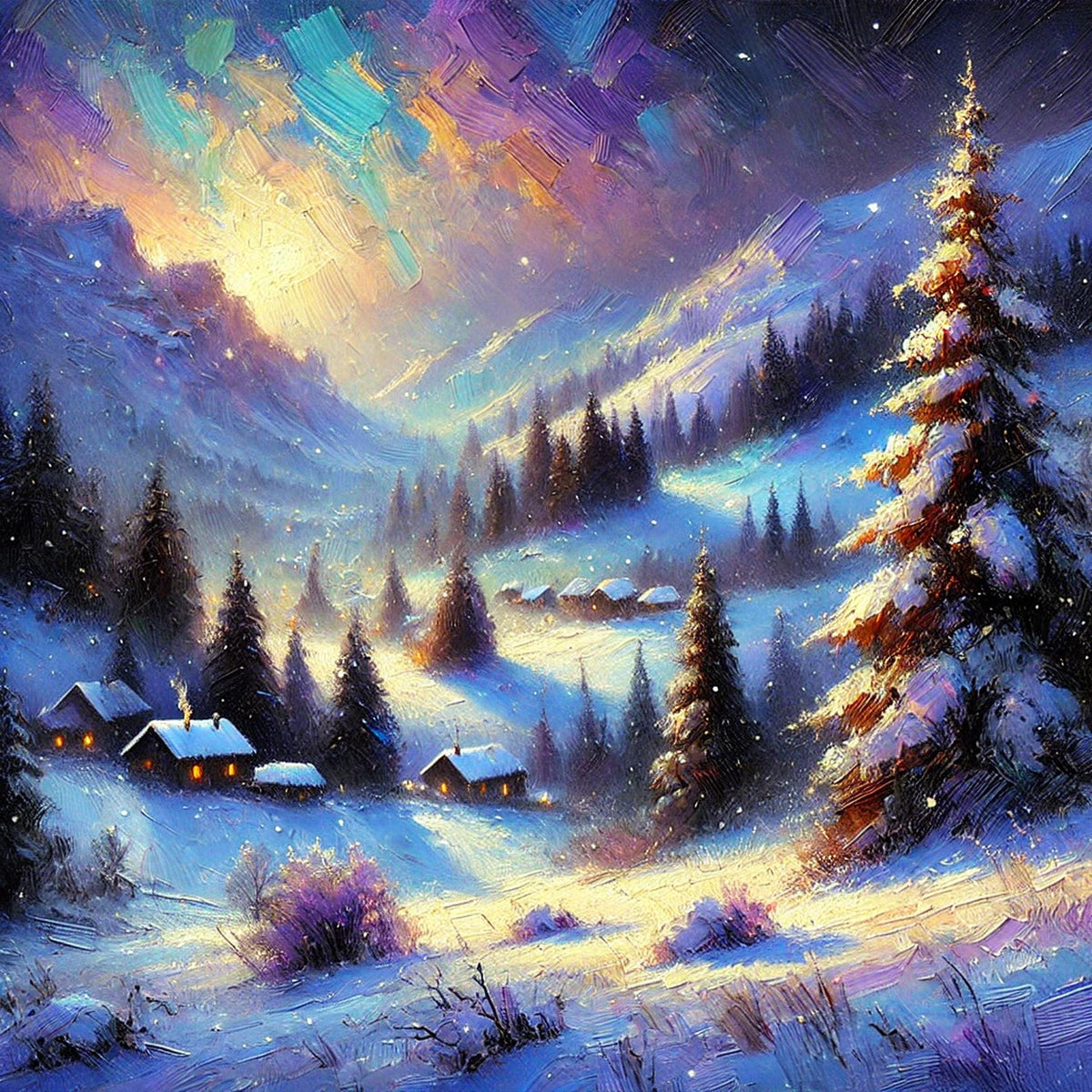 Winter Village Northern Lights Glow: Vintage Impressionist Snowy Landscape Oil Painting Wall Art Romantic Winter Decor