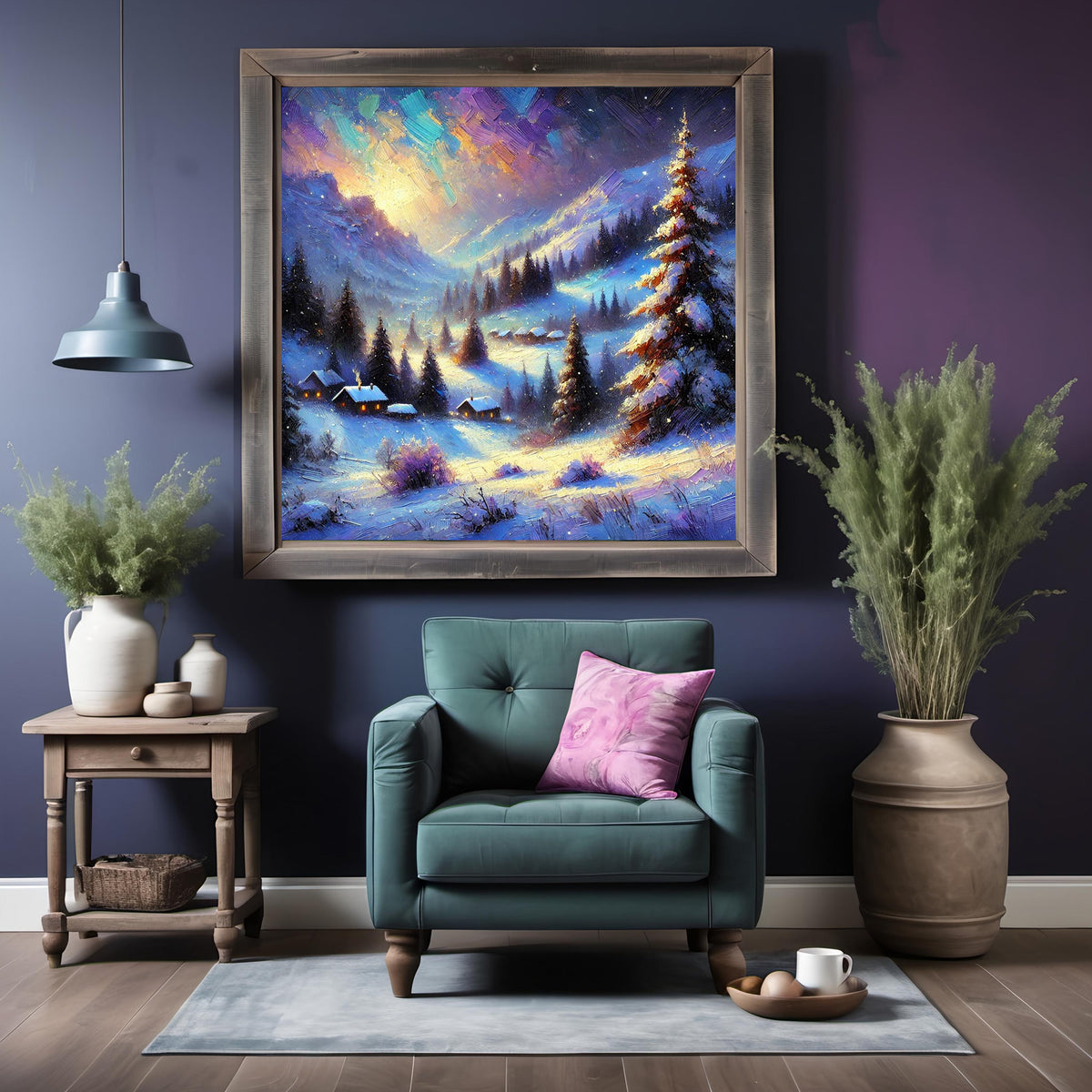 Winter Village Northern Lights Glow: Vintage Impressionist Snowy Landscape Oil Painting Wall Art Romantic Winter Decor