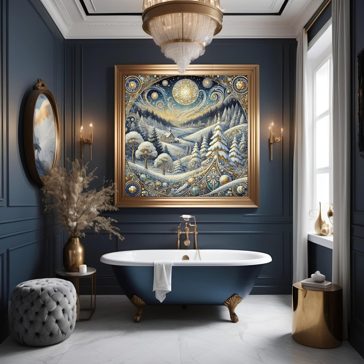 Celestial Winter Village: Ornate Art Nouveau Snowy Landscape Oil Painting Wall Art Gilded Winter Decor