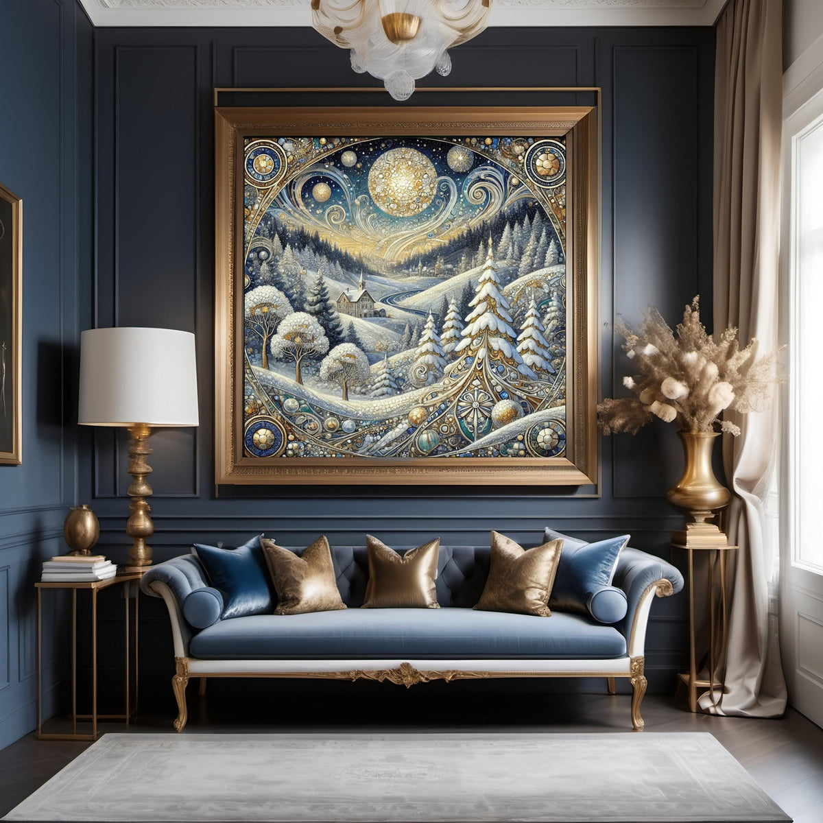 Celestial Winter Village: Ornate Art Nouveau Snowy Landscape Oil Painting Wall Art Gilded Winter Decor