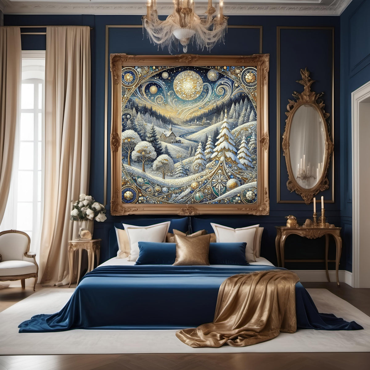Celestial Winter Village: Ornate Art Nouveau Snowy Landscape Oil Painting Wall Art Gilded Winter Decor