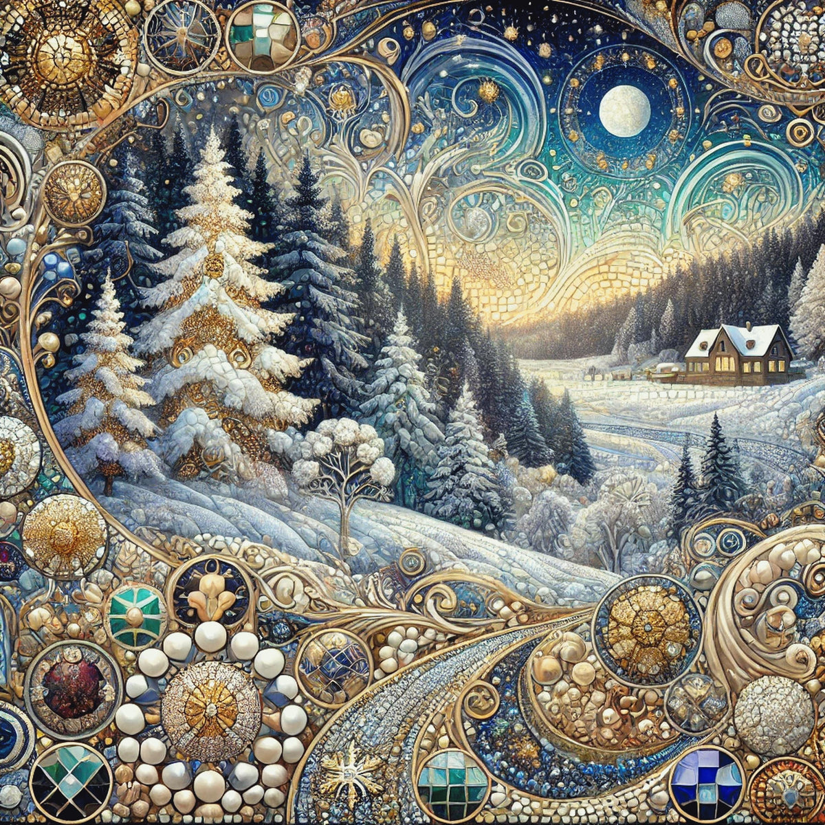 Moonlit Winter Forest: Ornate Art Nouveau Snow Landscape Oil Painting Wall Art Celestial Winter Decor