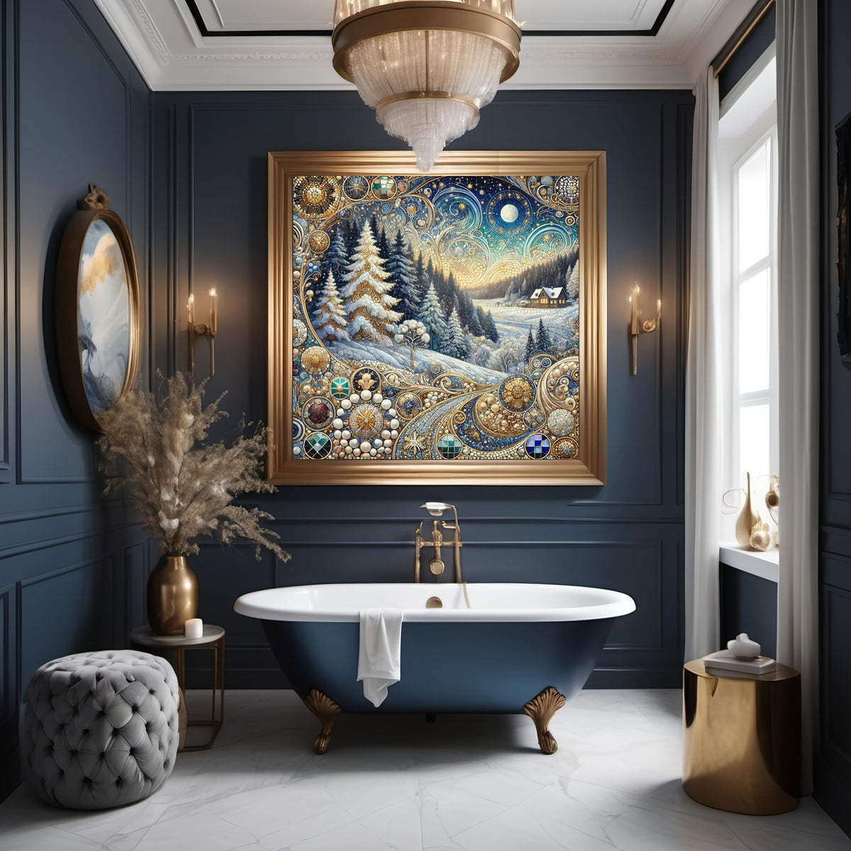 Moonlit Winter Forest: Ornate Art Nouveau Snow Landscape Oil Painting Wall Art Celestial Winter Decor