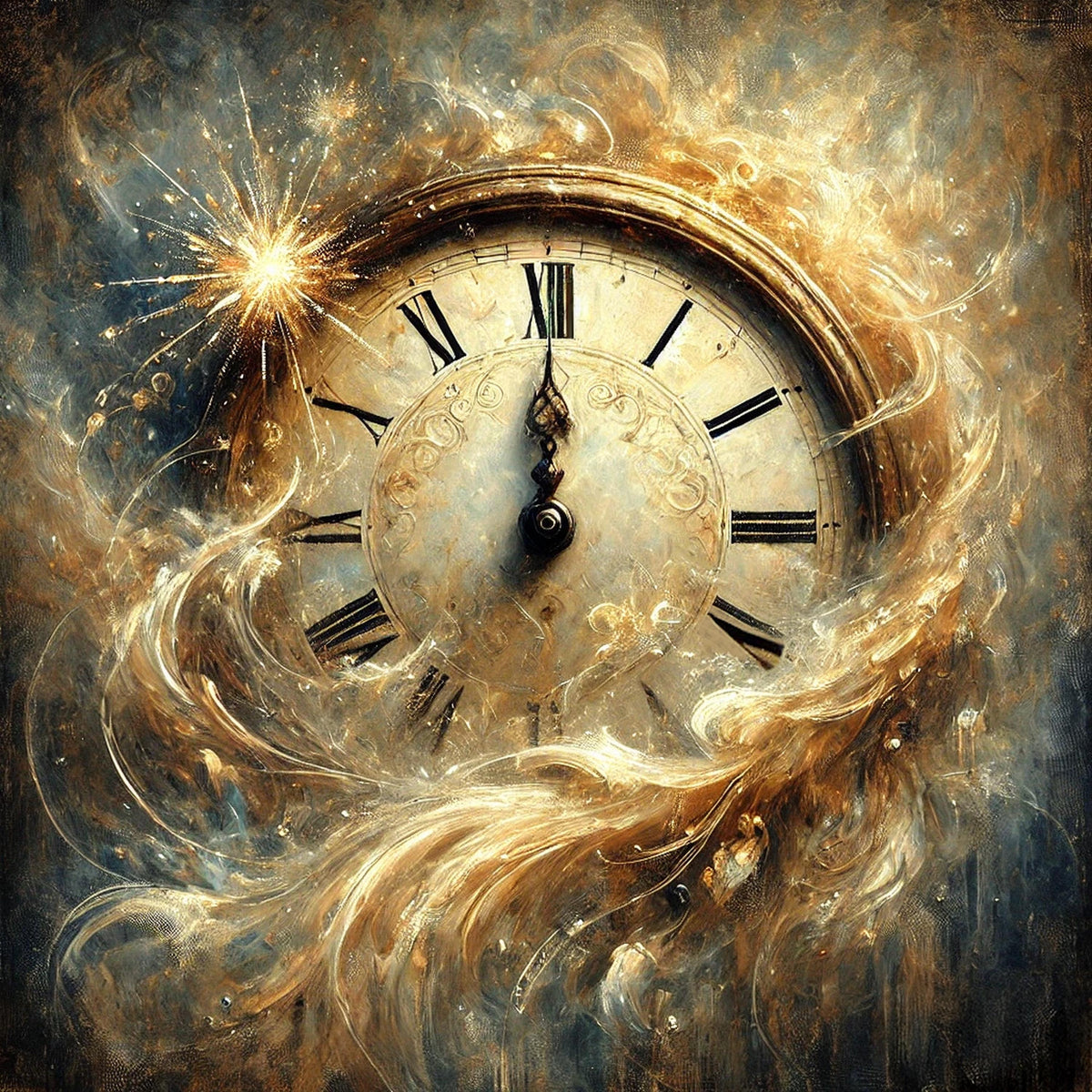 Midnight New Year Clock Painting: Vintage Impressionist Time Celebration Wall Art Digital Art