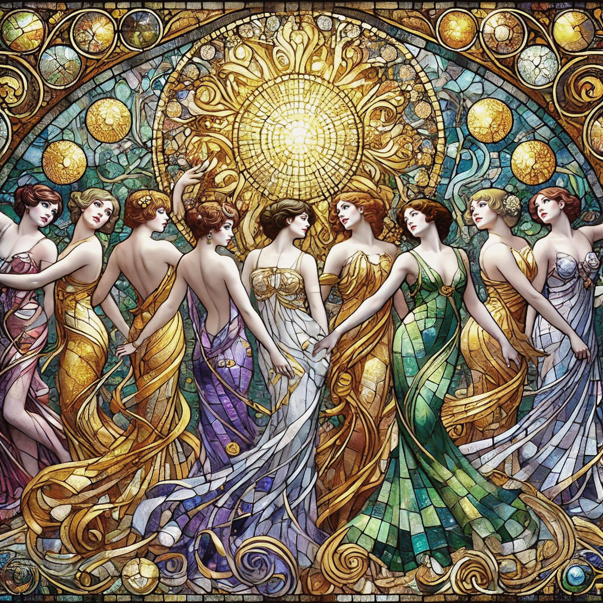 Art Nouveau Stained Glass Print: Nine Ladies Dancing (Digital Download)