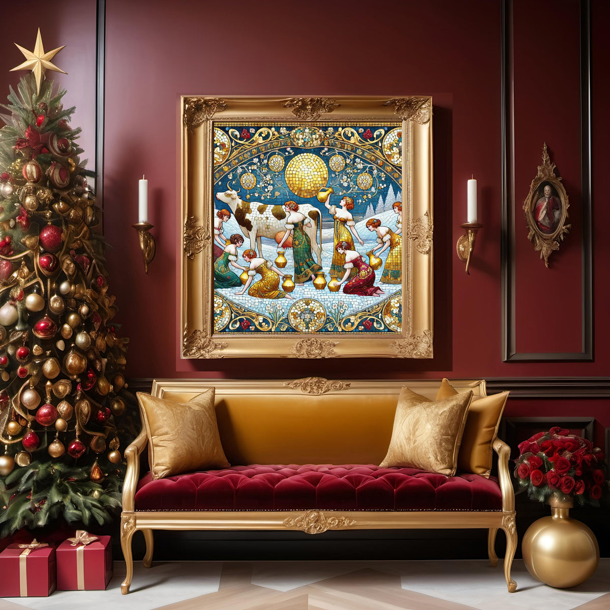 Klimt Inspired Christmas Art Print: Eight Maids a Milking (Digital Download)