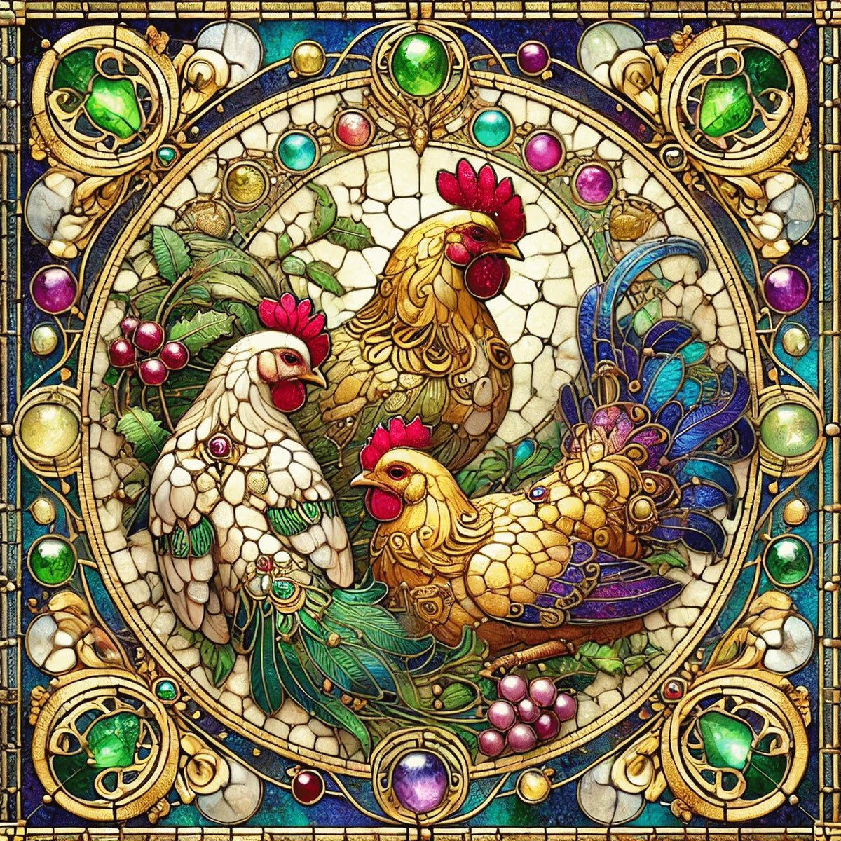Three French Hens Stained Glass Art Nouveau Print (Digital Download)