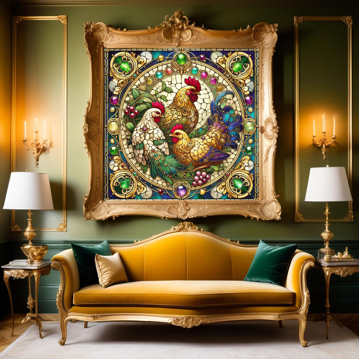 Three French Hens Stained Glass Art Nouveau Print (Digital Download)