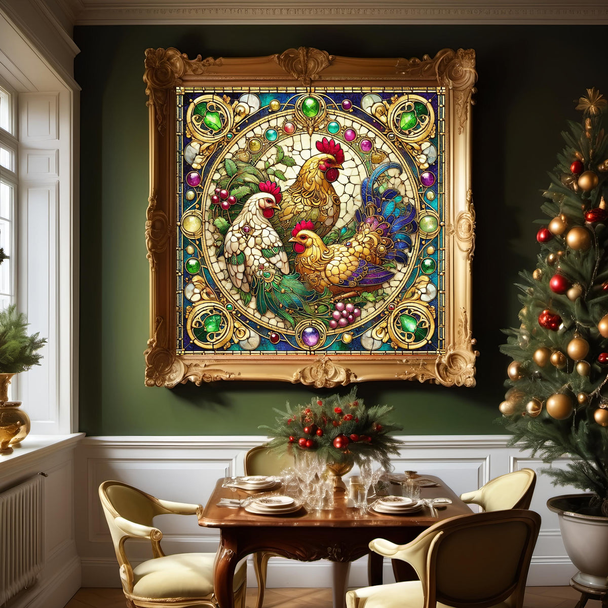 Three French Hens Stained Glass Art Nouveau Print (Digital Download)