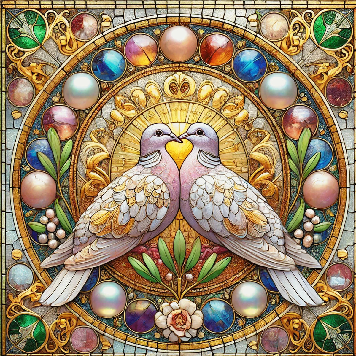 Art Nouveau Turtle Doves Stained Glass Art: Romantic Bird Print (Digital Download)