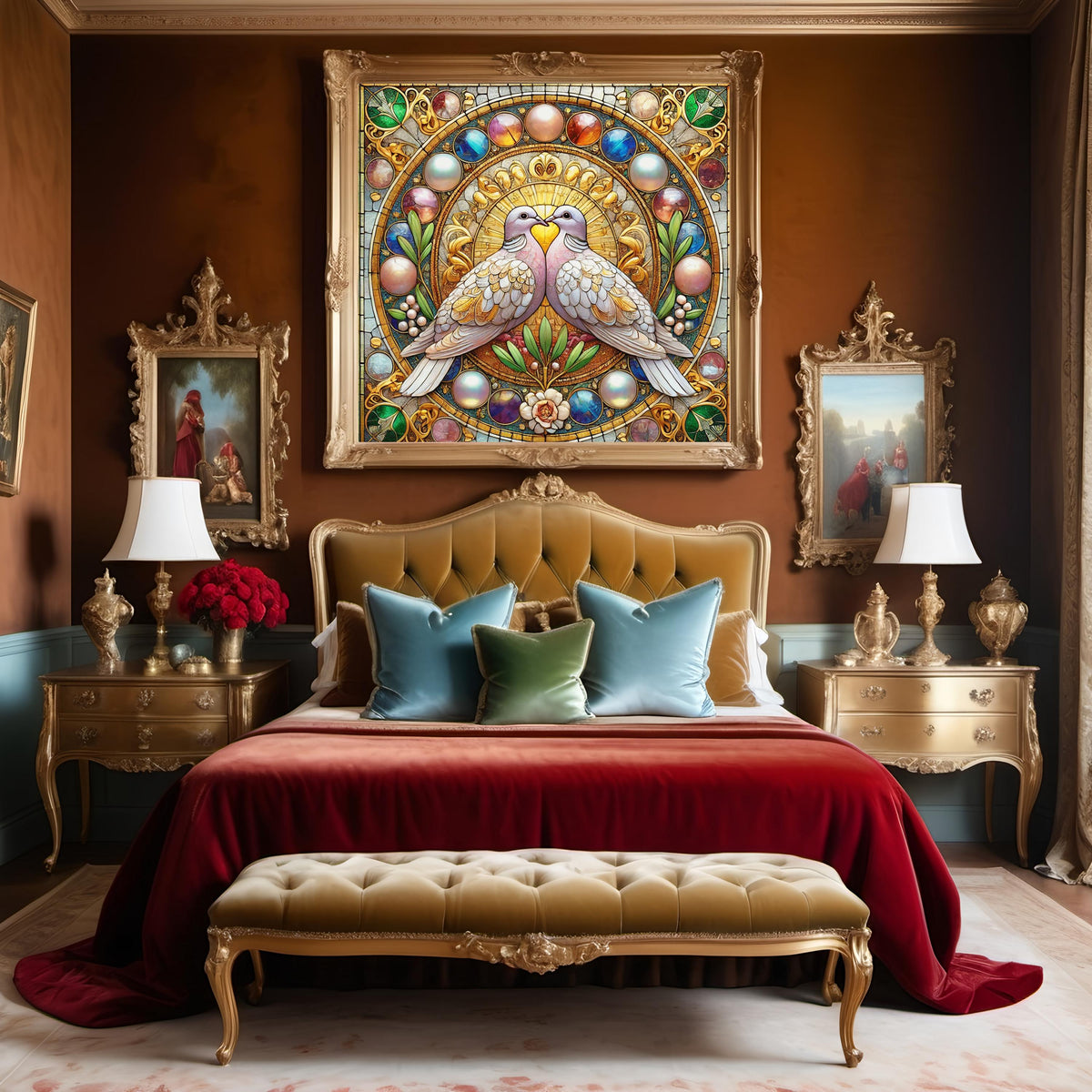 Art Nouveau Turtle Doves Stained Glass Art: Romantic Bird Print (Digital Download)