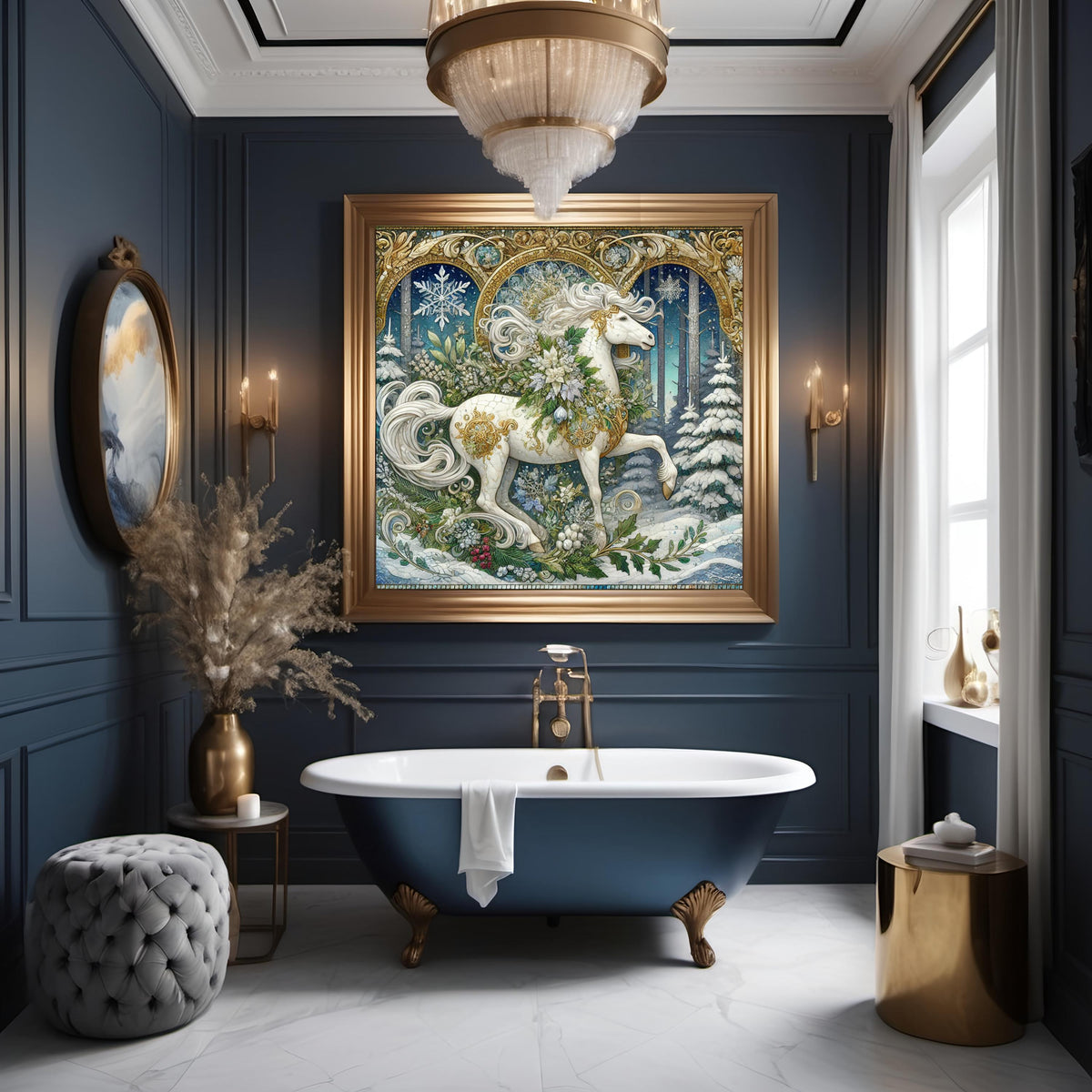 Wild Winter Forest Unicorn Art Nouveau Painting: Ethereal Gilded Mosaic Mythical Wall Art Digital Art