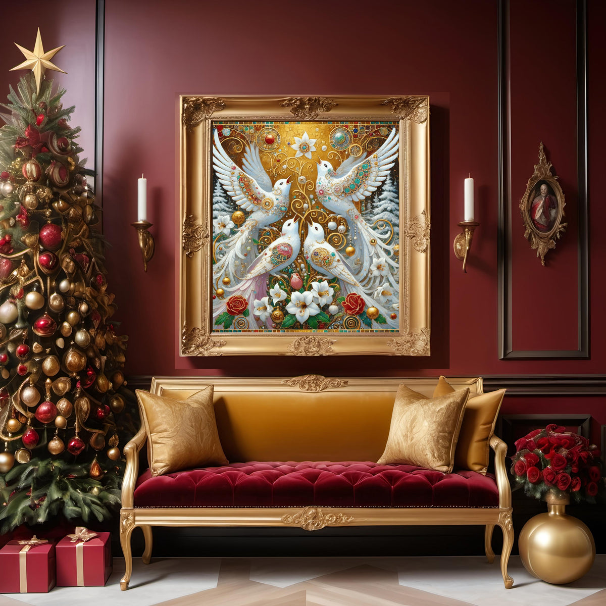 Four Calling Birds Art Print Gilded Christmas Wall Decor Angelic Holiday Birds Digital Art Vintage Festive Home Decor