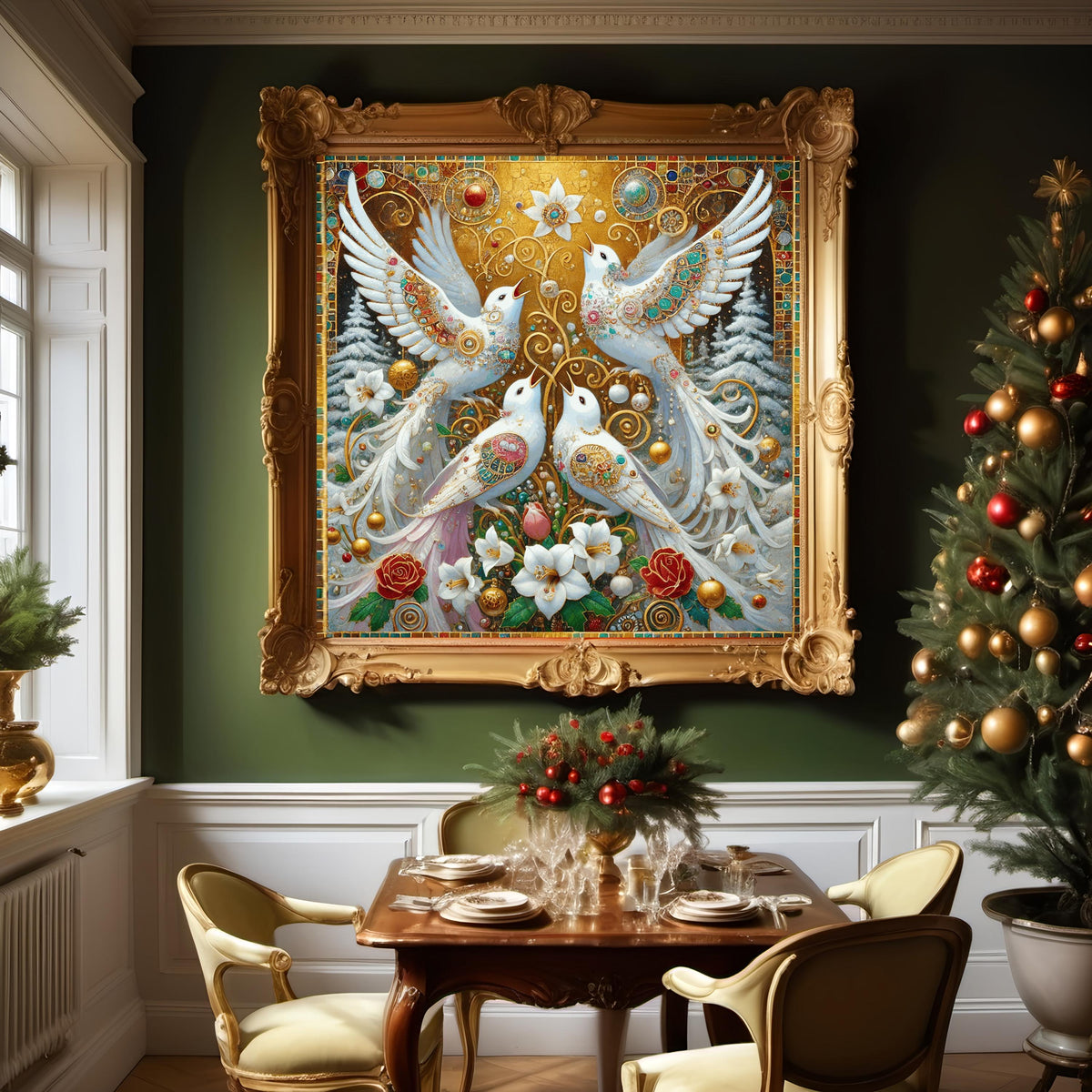 Four Calling Birds Art Print Gilded Christmas Wall Decor Angelic Holiday Birds Digital Art Vintage Festive Home Decor