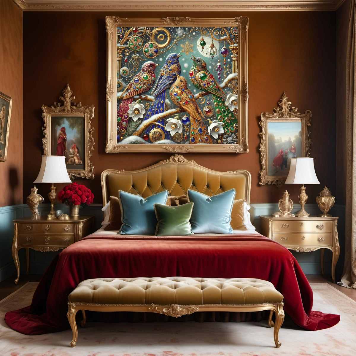 Winter Four Calling Birds Art Print Gilded Christmas Wall Decor Jeweled Holiday Birds Digital Art Vintage Festive Home Decor