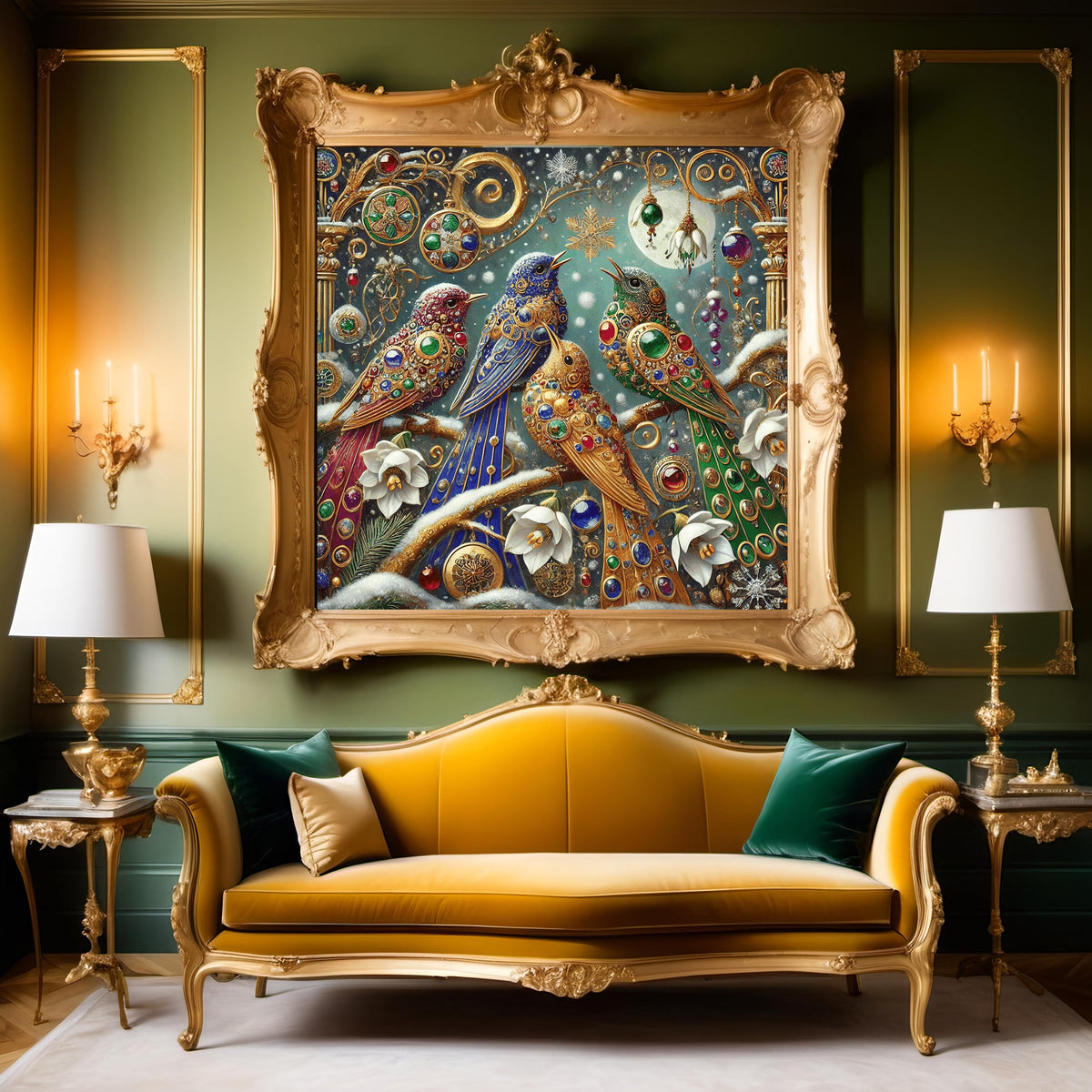 Winter Four Calling Birds Art Print Gilded Christmas Wall Decor Jeweled Holiday Birds Digital Art Vintage Festive Home Decor