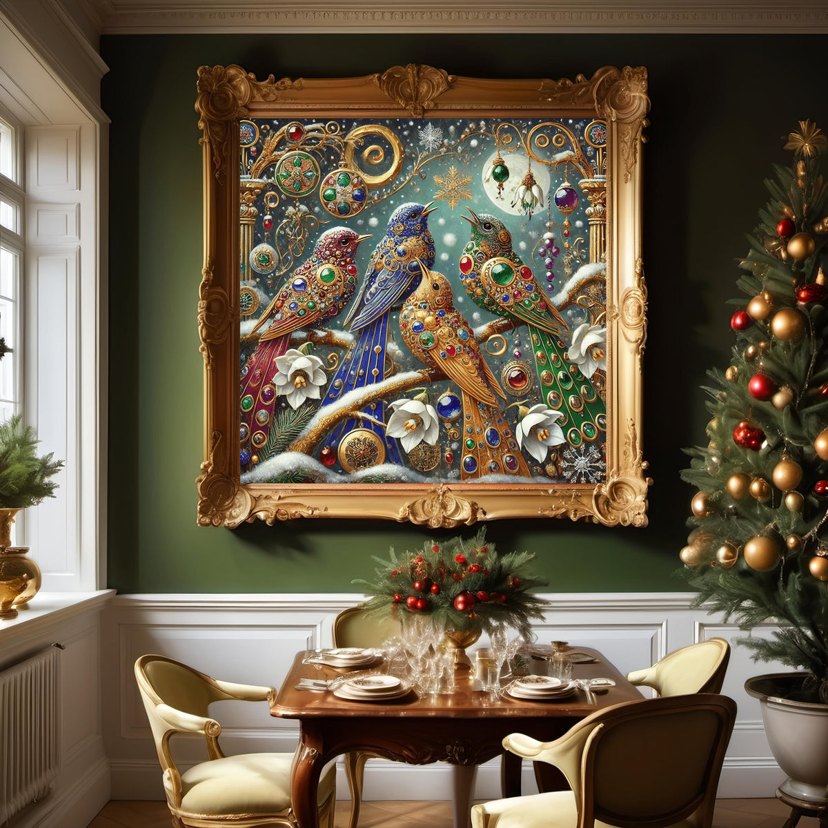 Winter Four Calling Birds Art Print Gilded Christmas Wall Decor Jeweled Holiday Birds Digital Art Vintage Festive Home Decor