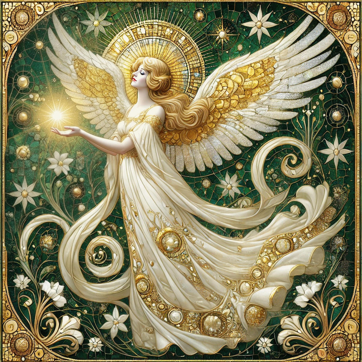 Art Nouveau Angel Wall Art Digital Download Vintage Gold White Celestial Angel Painting Sacred Home Decor