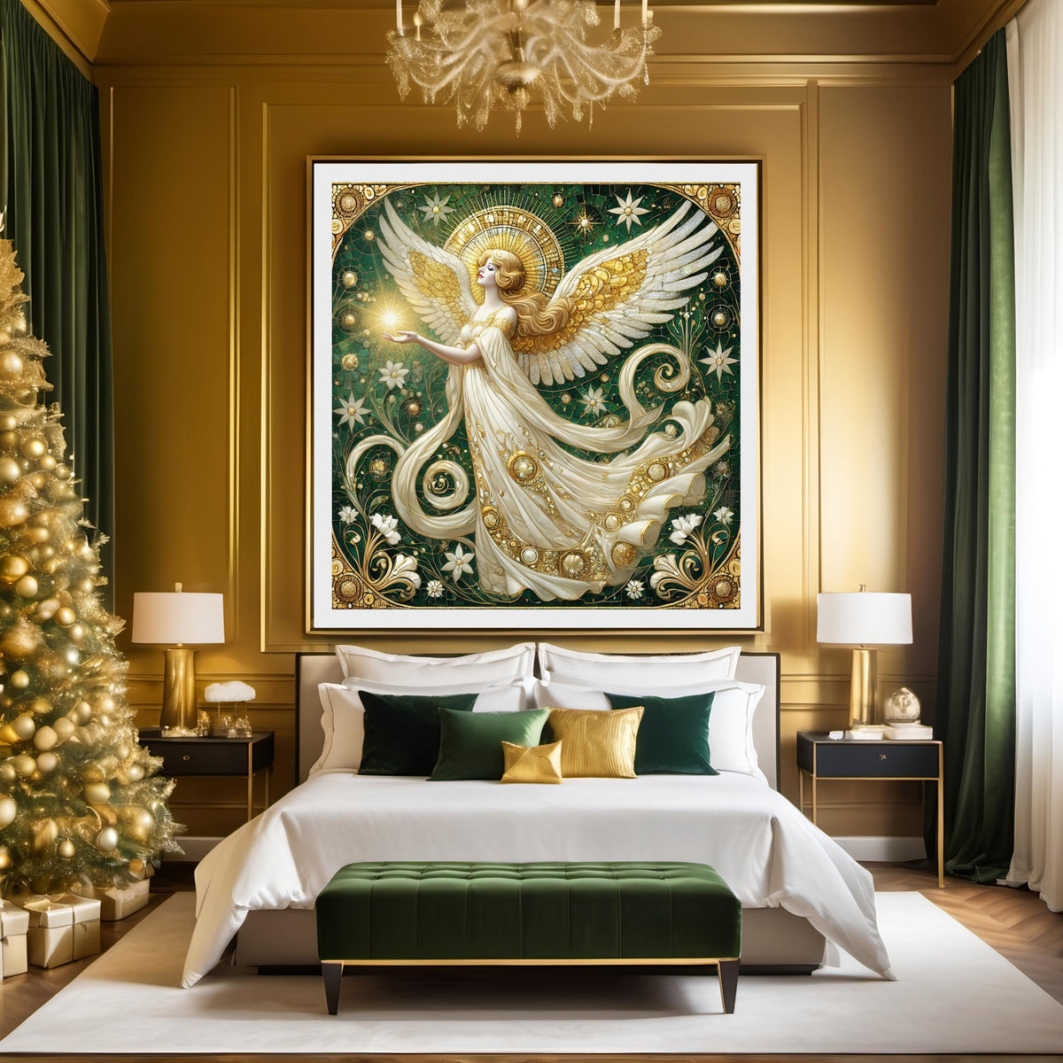Art Nouveau Angel Wall Art Digital Download Vintage Gold White Celestial Angel Painting Sacred Home Decor