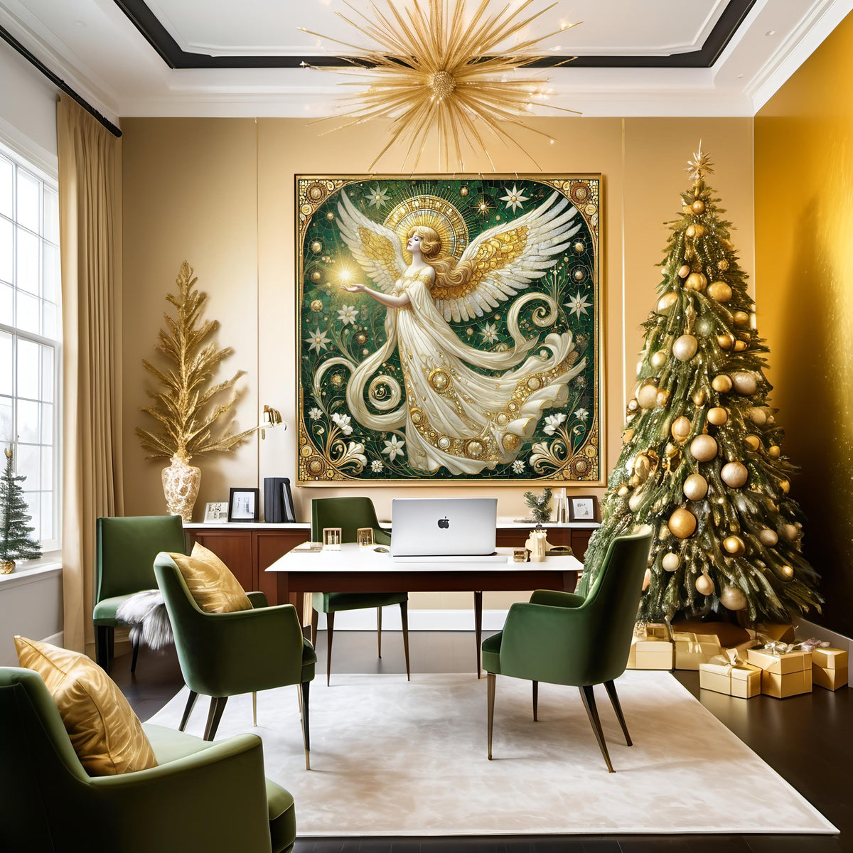 Art Nouveau Angel Wall Art Digital Download Vintage Gold White Celestial Angel Painting Sacred Home Decor