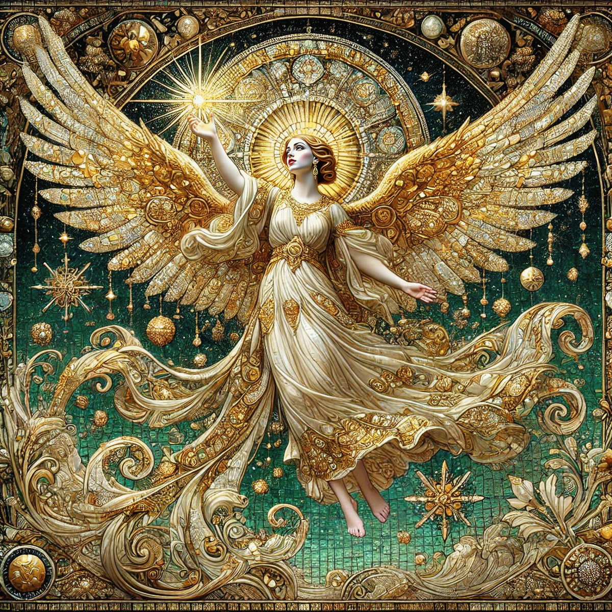 Celestial Star Angel Wall Art Digital Download Vintage Gold Angel Painting Sacred Light Emerald Home Decor