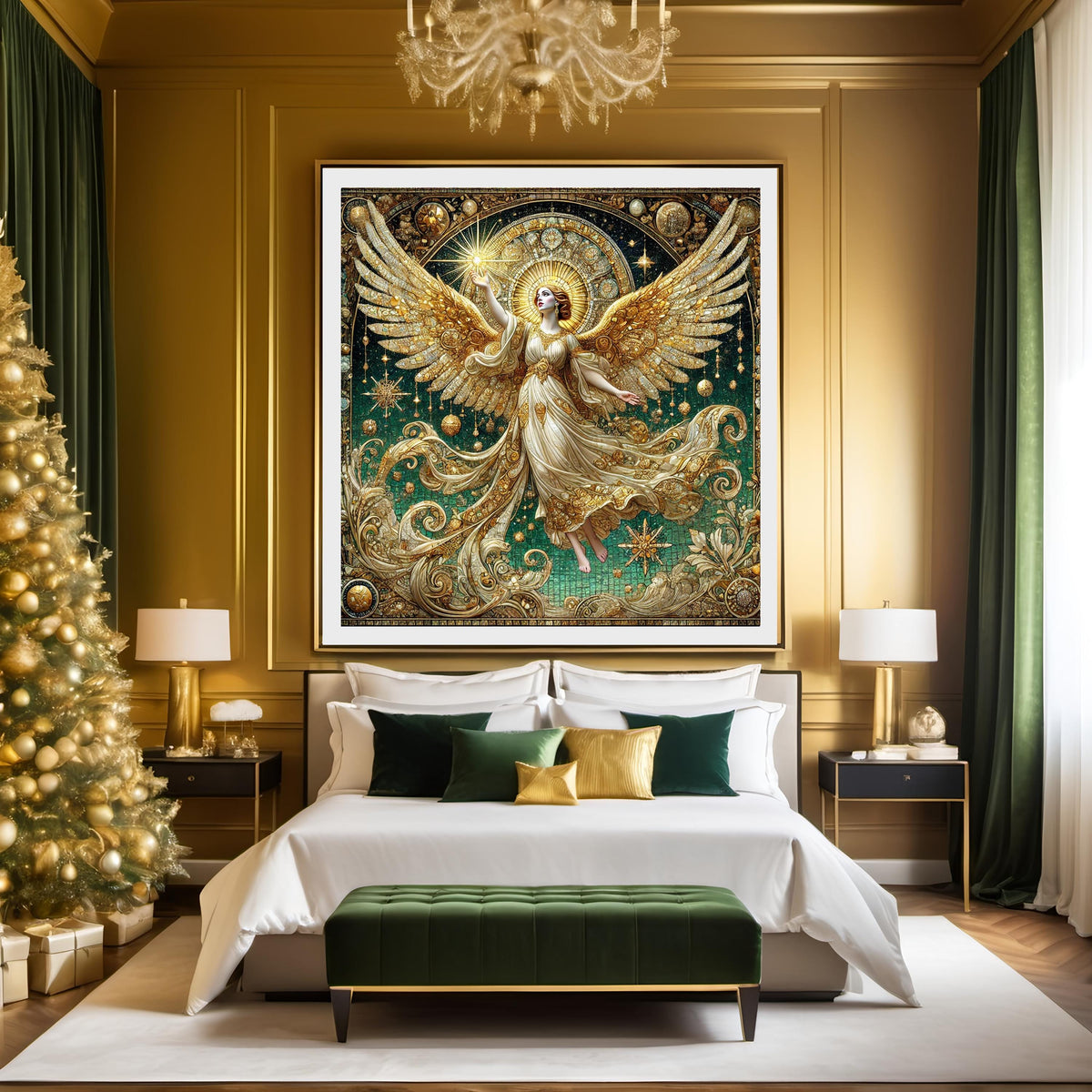 Celestial Star Angel Wall Art Digital Download Vintage Gold Angel Painting Sacred Light Emerald Home Decor