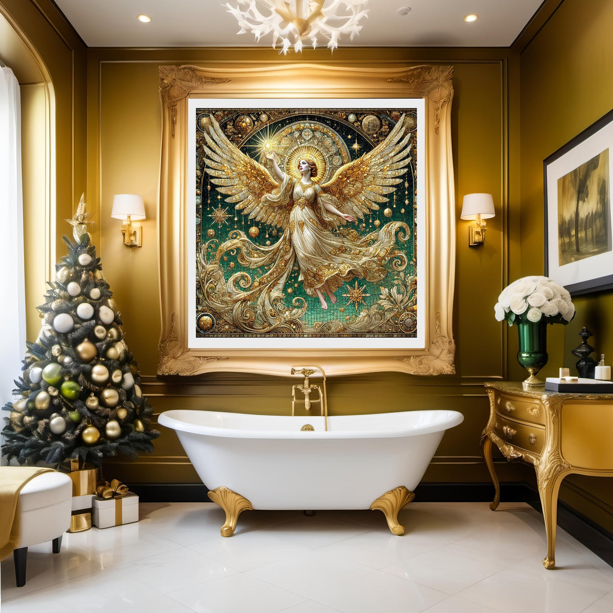 Celestial Star Angel Wall Art Digital Download Vintage Gold Angel Painting Sacred Light Emerald Home Decor
