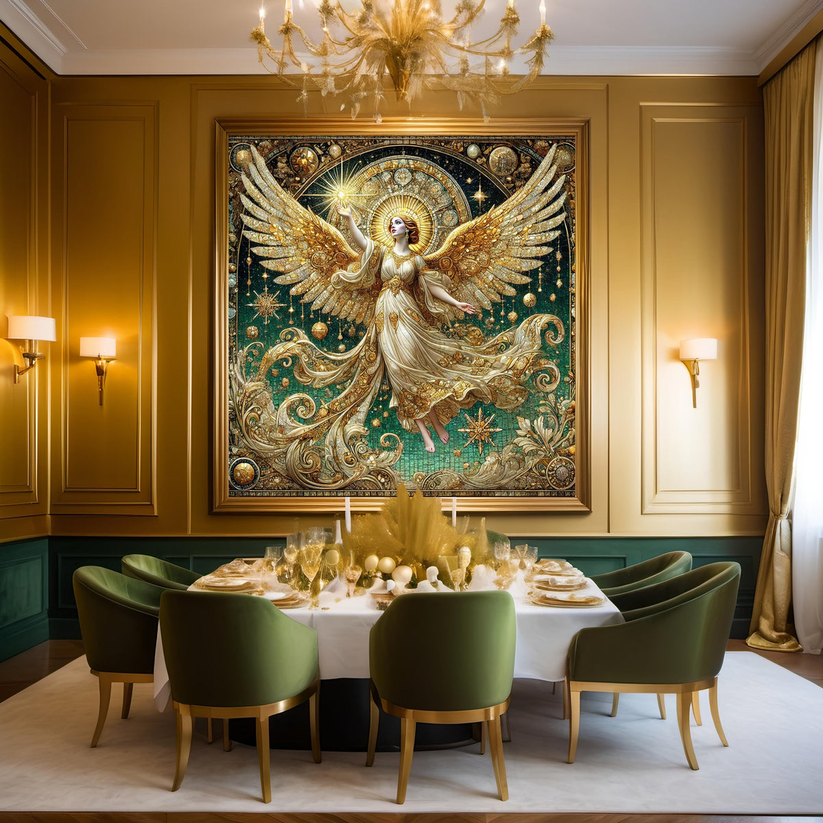 Celestial Star Angel Wall Art Digital Download Vintage Gold Angel Painting Sacred Light Emerald Home Decor