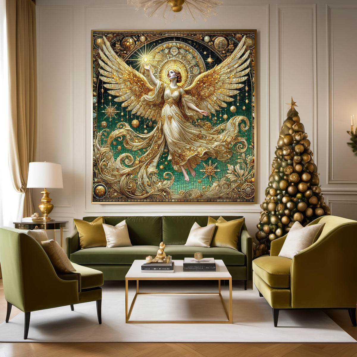 Celestial Star Angel Wall Art Digital Download Vintage Gold Angel Painting Sacred Light Emerald Home Decor