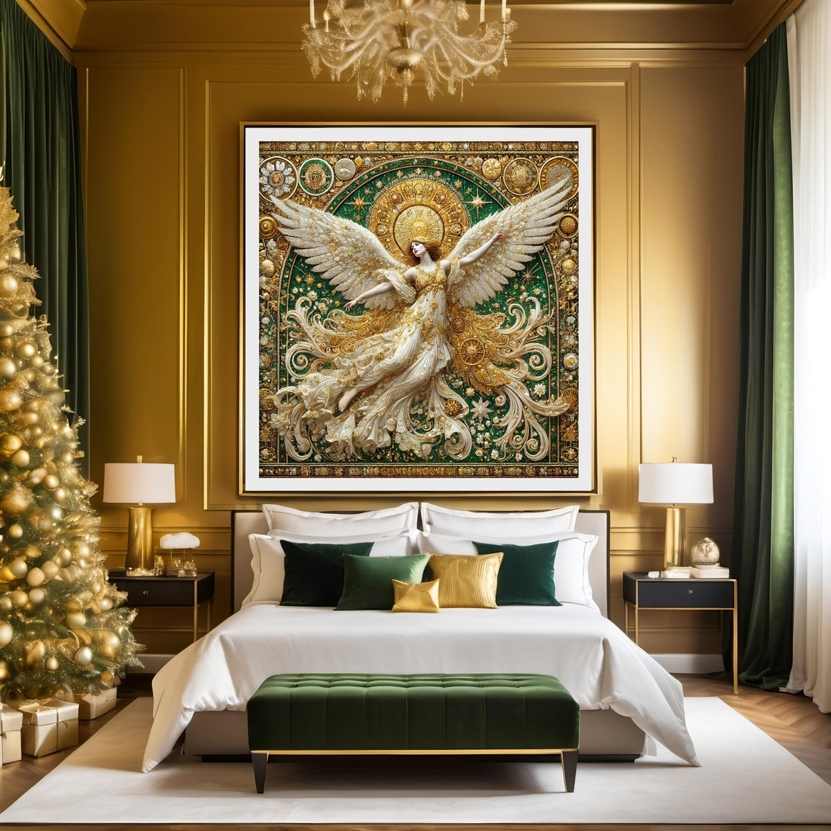 Luminous Gilded Angel Wall Art Digital Download Vintage Gold Emerald Angel Painting Sacred Celestial Home Decor