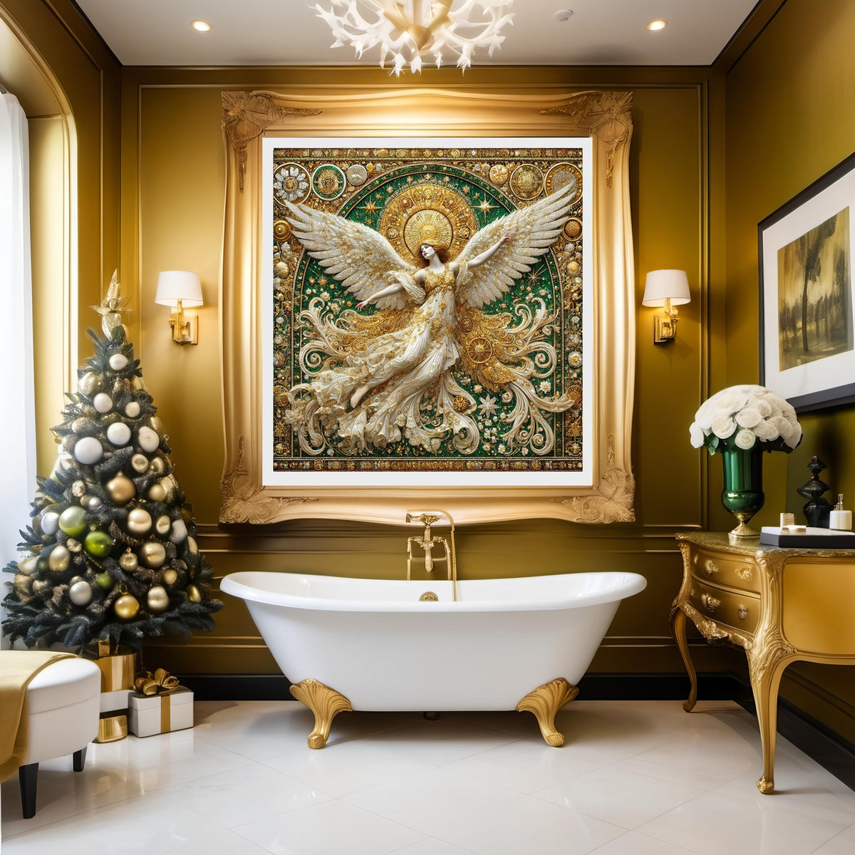 Luminous Gilded Angel Wall Art Digital Download Vintage Gold Emerald Angel Painting Sacred Celestial Home Decor